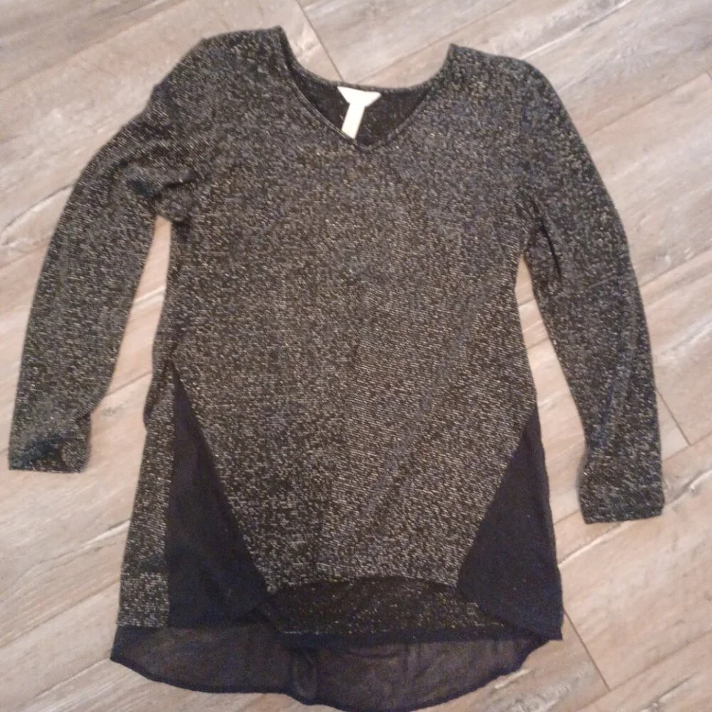 Three Seasons Maternity Black Sparkly Bling Long SleeveTunic, Sheer partly Large